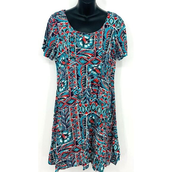 Joe Kealoha Women Dress Size Medium M Teal Blue Aloha Shift Short Sleeve Zip - Picture 1 of 6